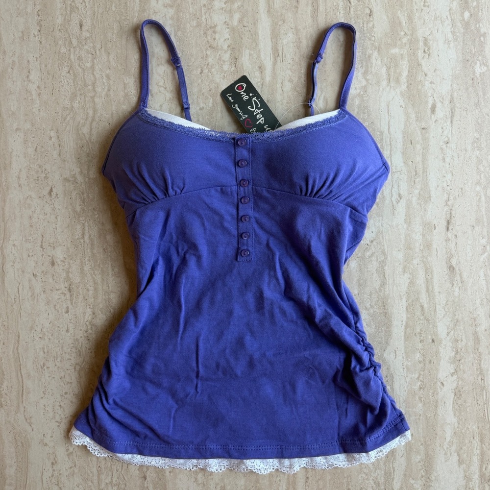 Y2K One Step Up Purple Ruched Lace Trim Cami